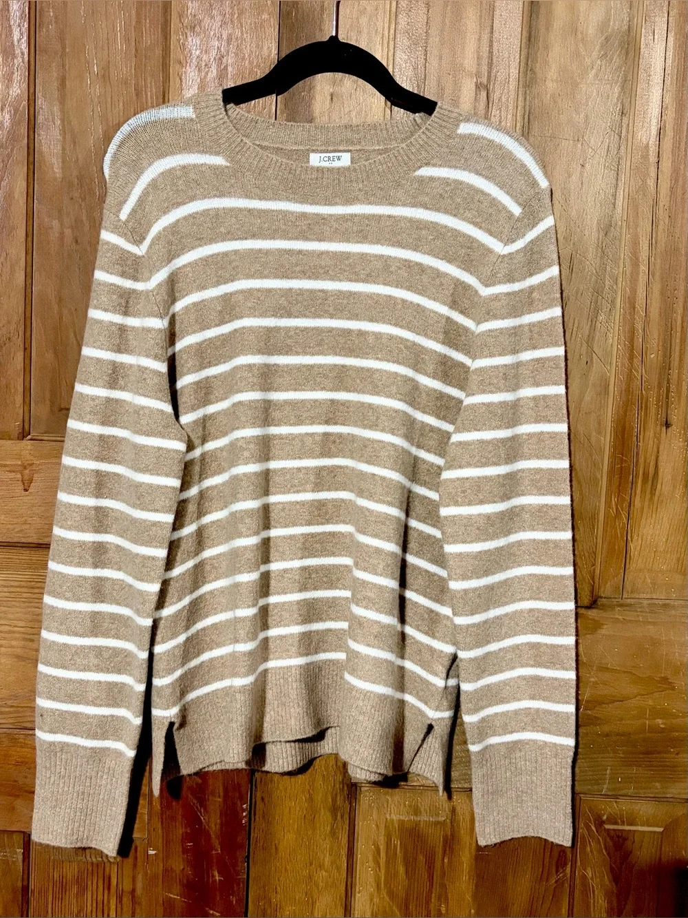 NWT – J.Crew Factory – Crewneck Sweater – Extra-Soft Striped – Camel Ivory – Sz.